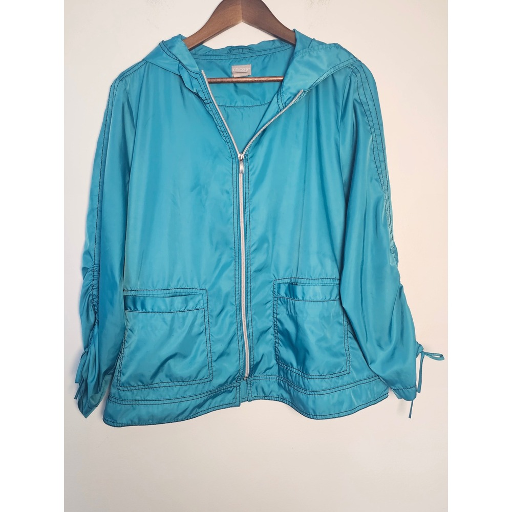 [Athleisure] Chico's‎ Zenergy Windbreaker Jacket Womens 12/14 Teal Ruched Hooded